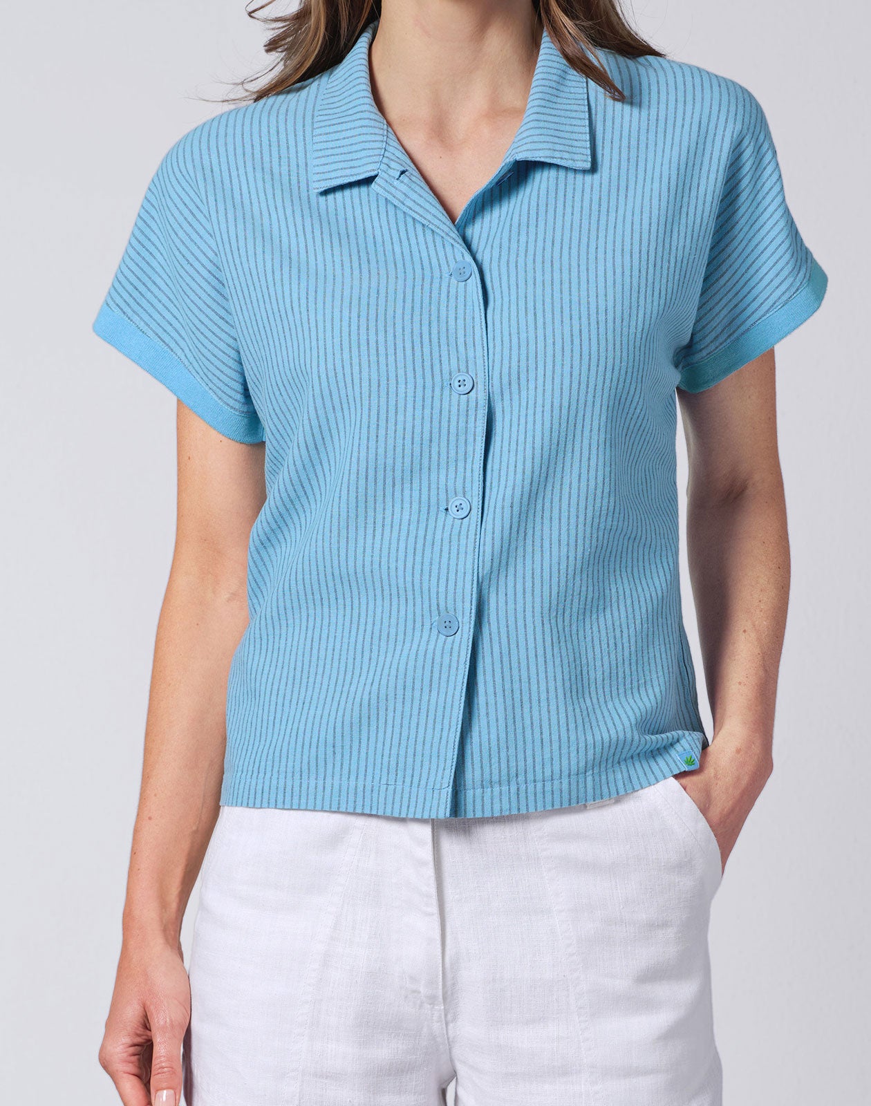 HempAge Damen Bluse Kurzarm geringelt Hanf Bio Baumwolle