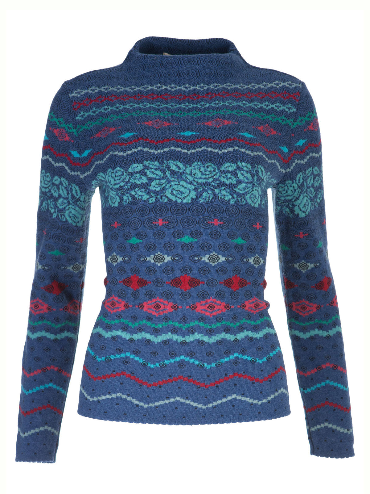 Dunque Damen Jacquard Pullover Kragen Wolle Bio Baumwolle