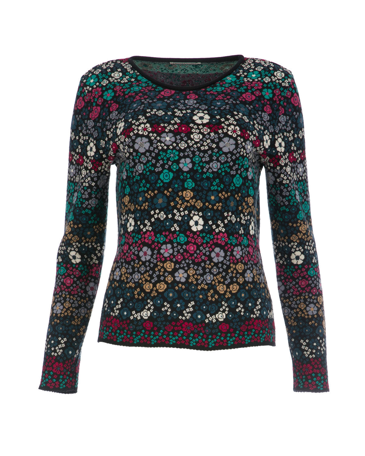 Dunque Damen Jacquard-Pullover Blumen Muster Bio Baumwolle