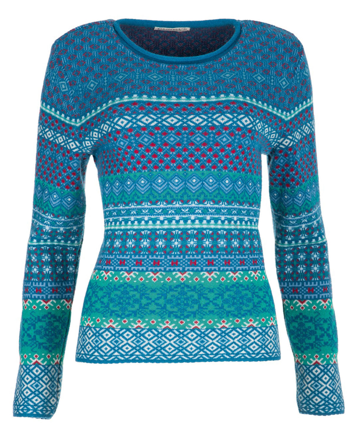 Damen Jacquard Pullover Rundhals Schurwolle Baumwolle (Bio)