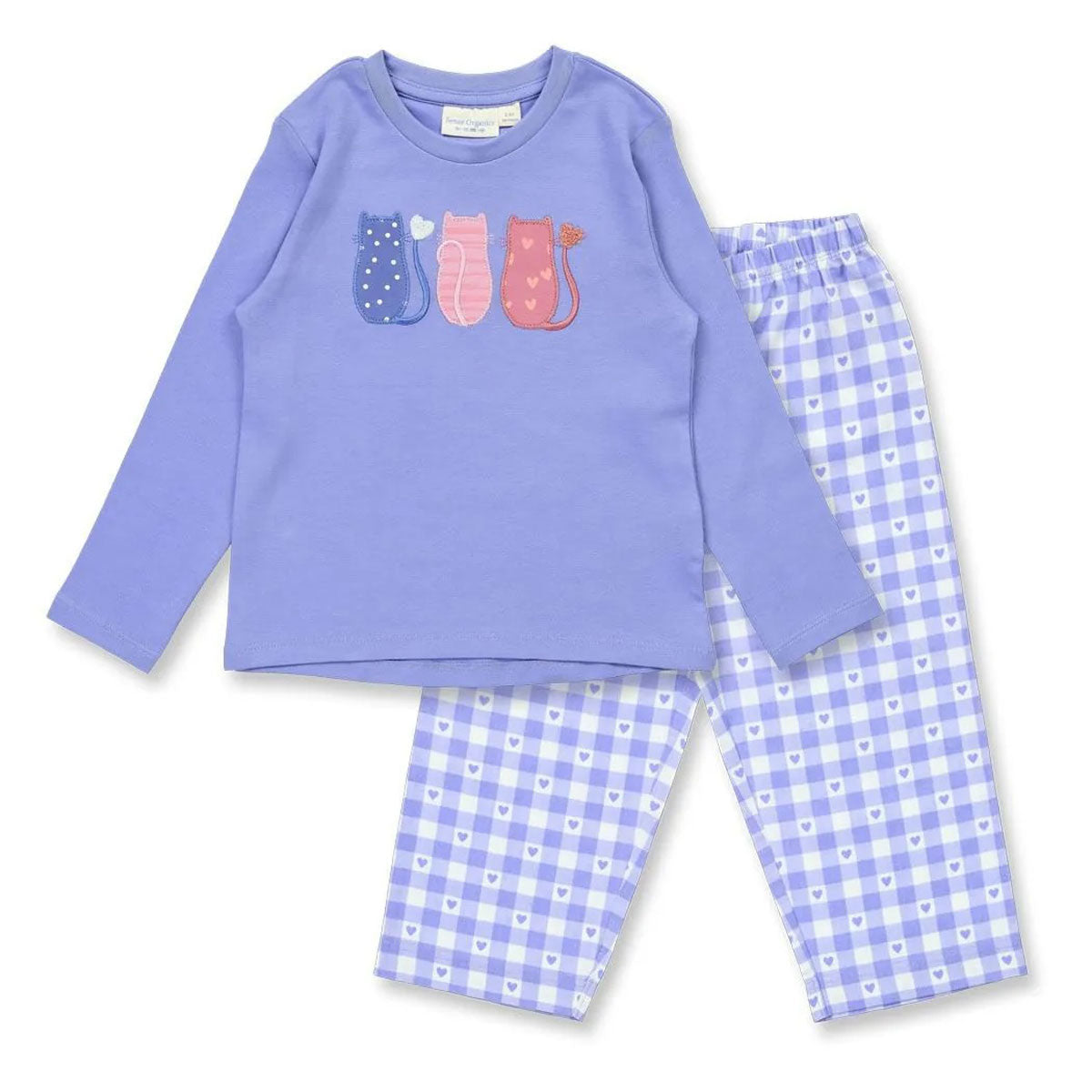 Kinder Payjama mit Katzen-Applikation Flanel Hose Bio Baumwolle